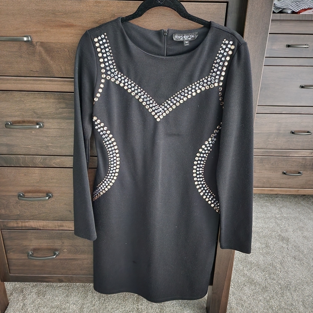 Topshop tall long sleeve black dress with sequins